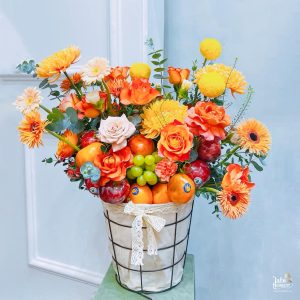 Giỏ hoa quả Đồng tiền cam cúc mẫu đơn vàng